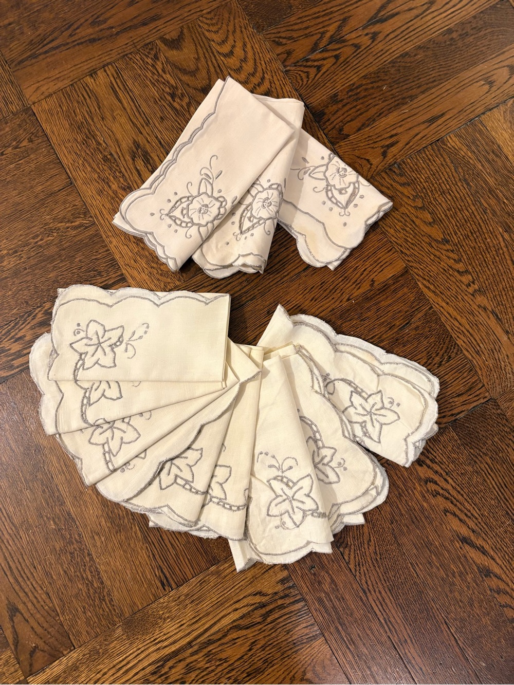 Vintage Ivory Linen Cutwork Tablecloth 60x89 & 12 Matching Napkins 1950s Set